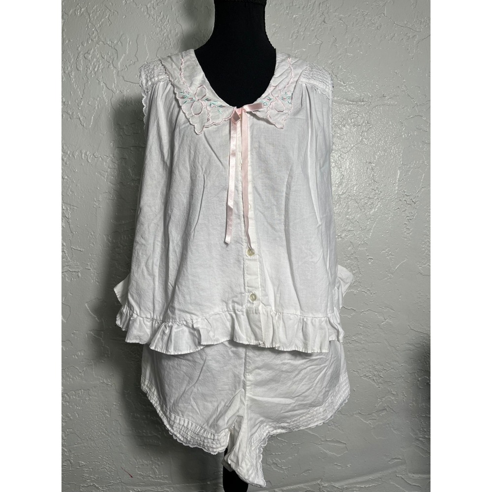 Moon Dance White Cotton Pajama Set L Embroidered Floral Coquette Ruffle